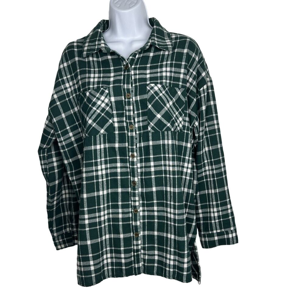 Andree By Unit Flannel Shirt Size M Green White Plaid Long Sleeve Button Up